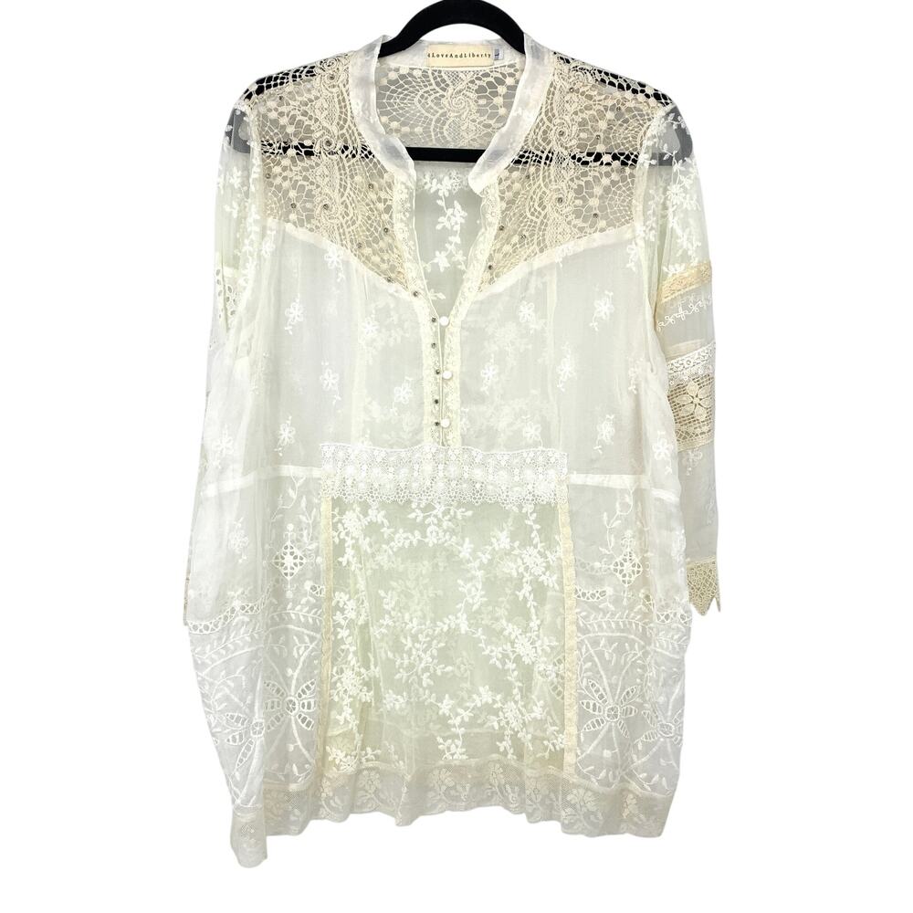 Johnny Was 4LoveAndLiberty Top L Ivory Sheer Floral Embroidered Crochet Lace